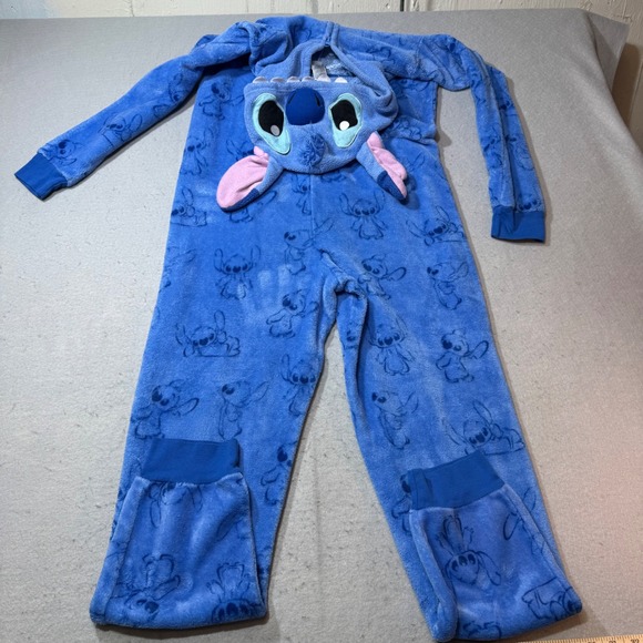 Disney Stitch Fleece Pajamas Sleepwear One Piece Hooded Costume Kids M 8-10 - Picture 7 of 8